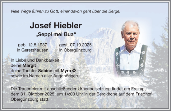 Traueranzeige von Josef Hiebler von Allgäuer Zeitung, Marktoberdorf