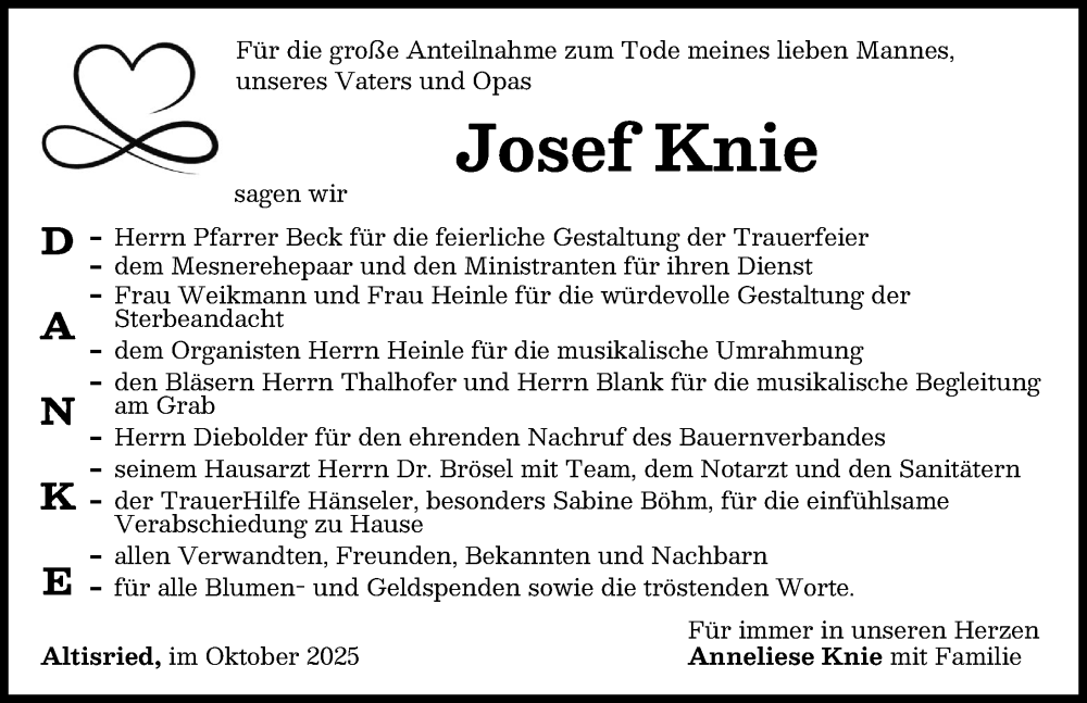  Traueranzeige für Josef Knie vom 18.10.2025 aus Memminger Zeitung