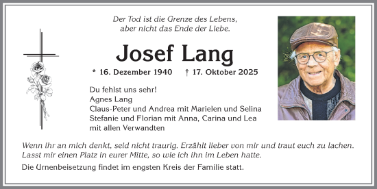 Traueranzeige von Josef Lang von Allgäuer Zeitung, Kaufbeuren/Buchloe