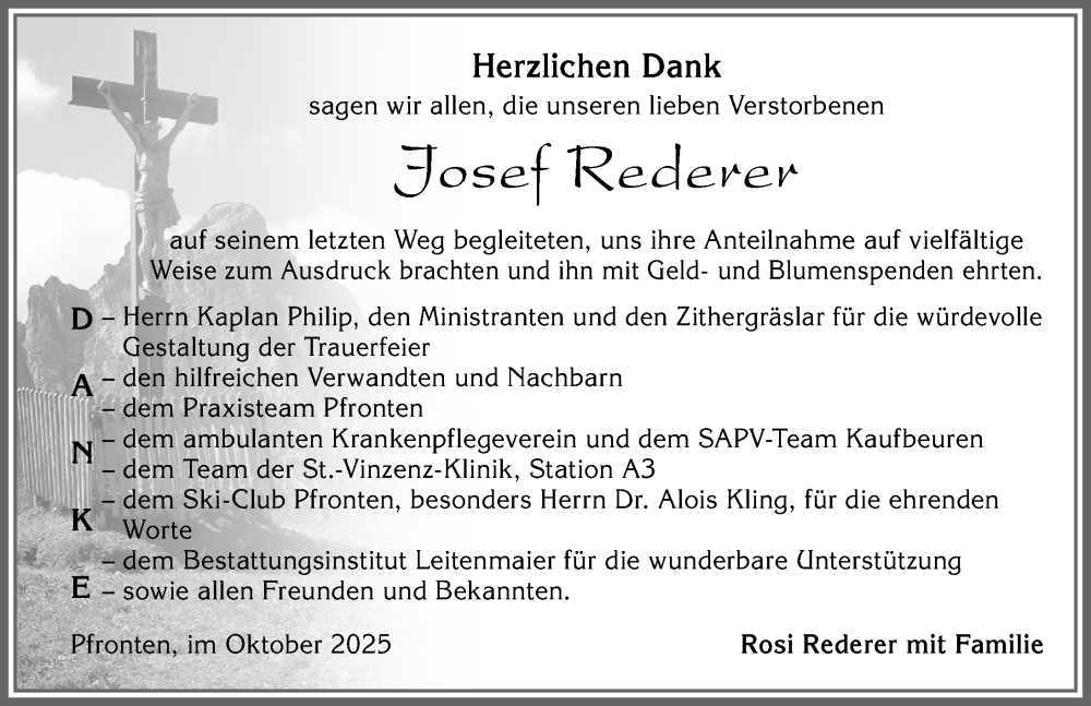  Traueranzeige für Josef Rederer vom 04.10.2025 aus Allgäuer Zeitung, Füssen