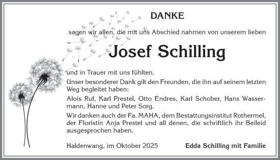 Traueranzeige von Josef Schilling von Allgäuer Zeitung,Kempten