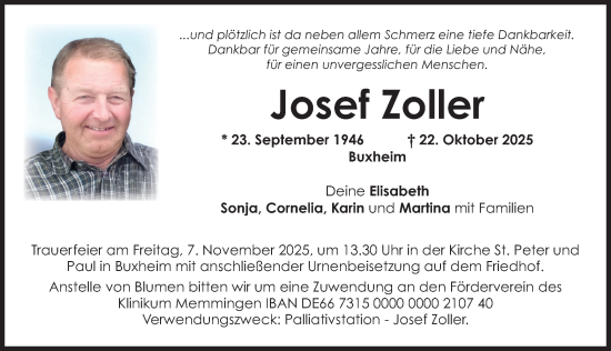 Traueranzeige von Josef Zoller von Memminger Zeitung