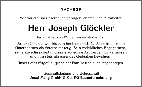 Traueranzeige von Joseph Glöckler von Memminger Zeitung