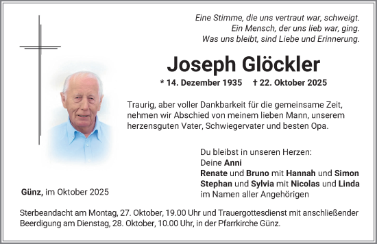 Traueranzeige von Joseph Glöckler von Memminger Zeitung