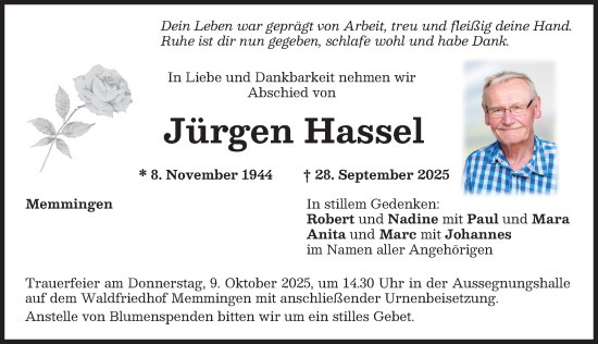 Traueranzeige von Jürgen Hassel von Memminger Zeitung