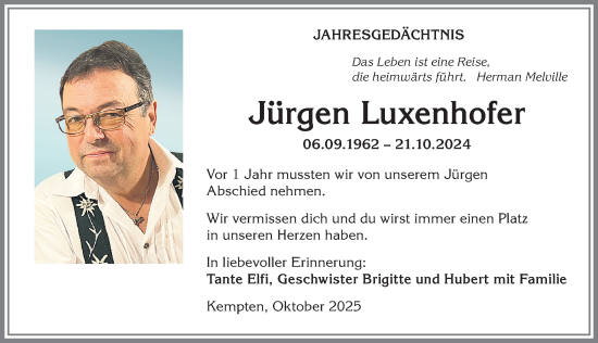 Traueranzeige von Jürgen Luxenhofer von Allgäuer Zeitung,Kempten