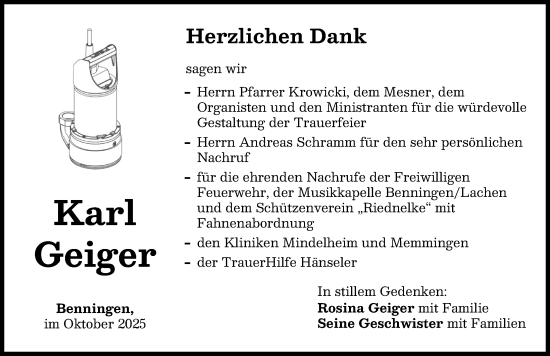 Traueranzeige von Karl Geiger von Memminger Zeitung