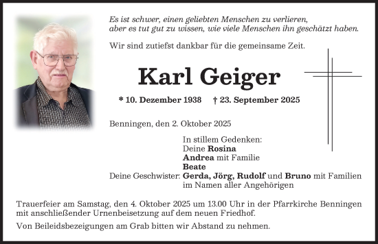 Traueranzeige von Karl Geiger von Memminger Zeitung