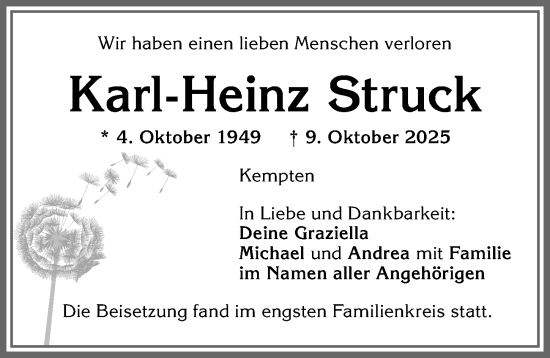 Traueranzeige von Karl-Heinz Struck von Allgäuer Zeitung,Kempten