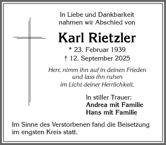Traueranzeige von Karl Rietzler von Allgäuer Zeitung,Kempten