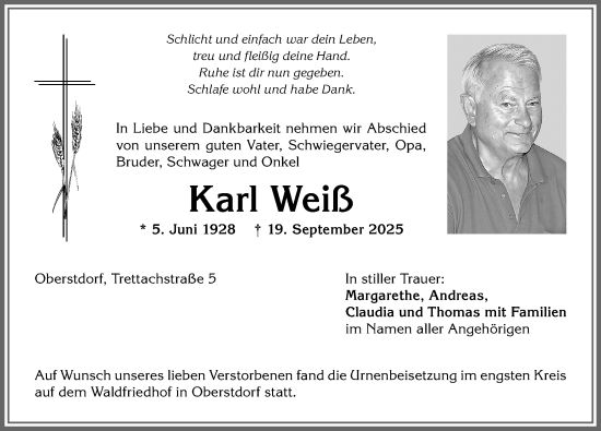 Traueranzeige von Karl Weiß von Allgäuer Anzeigeblatt