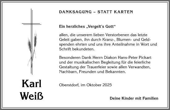 Traueranzeige von Karl Weiß von Allgäuer Anzeigeblatt