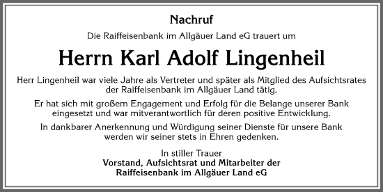 Traueranzeige von Karl Adolf Lingenheil von Allgäuer Zeitung,Kempten