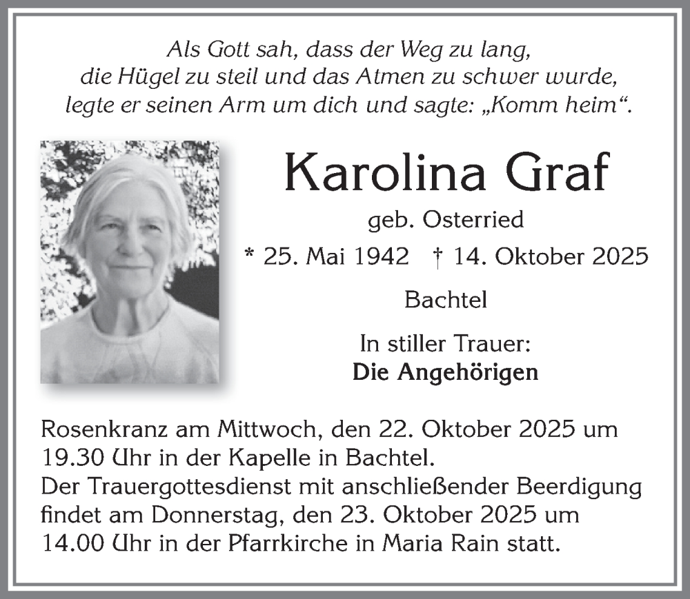  Traueranzeige für Karolina Graf vom 18.10.2025 aus Allgäuer Zeitung,Kempten