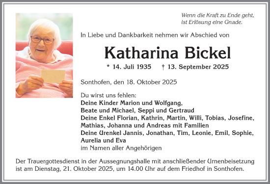 Traueranzeige von Katharina Bickel von Allgäuer Anzeigeblatt