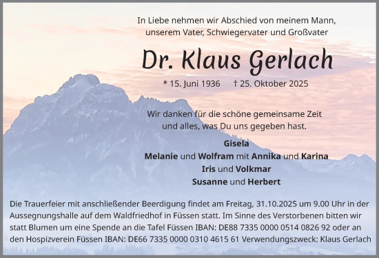 Traueranzeige von Klaus Gerlach von Allgäuer Zeitung, Füssen