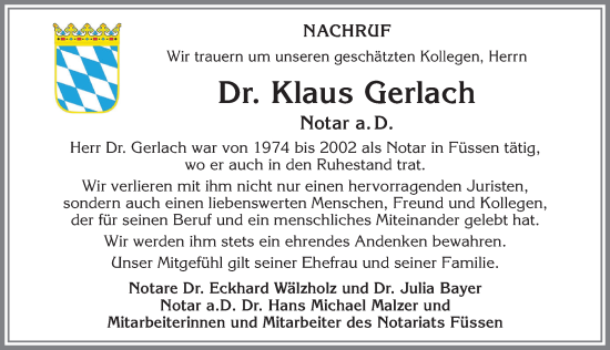 Traueranzeige von Klaus Gerlach von Allgäuer Zeitung, Füssen