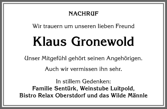 Traueranzeige von Klaus Gronewold von Allgäuer Anzeigeblatt