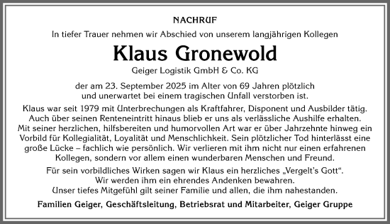 Traueranzeige von Klaus Gronewold von Allgäuer Anzeigeblatt
