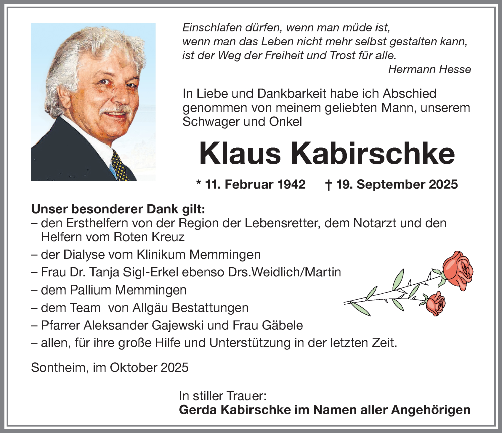 Traueranzeige für Klaus Kabirschke vom 04.10.2025 aus Memminger Zeitung