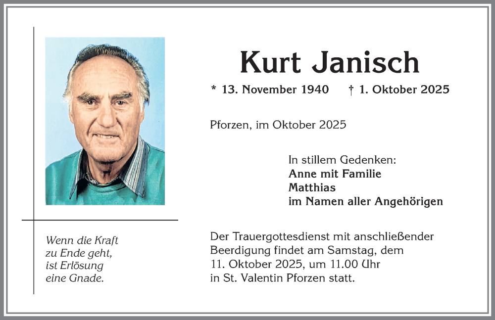  Traueranzeige für Kurt Janisch vom 07.10.2025 aus Allgäuer Zeitung, Kaufbeuren/Buchloe