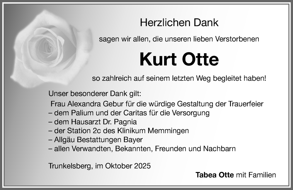  Traueranzeige für Kurt Otte vom 31.10.2025 aus Memminger Zeitung