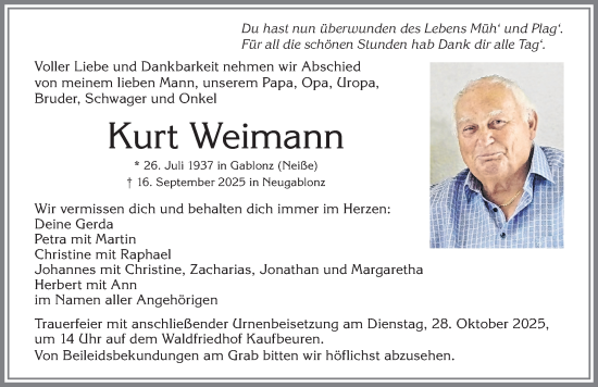 Traueranzeige von Kurt Weimann von Allgäuer Zeitung, Kaufbeuren/Buchloe