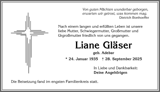 Traueranzeige von Liane Gläser von Allgäuer Zeitung,Kempten