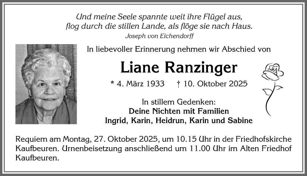  Traueranzeige für Liane Ranzinger vom 16.10.2025 aus Allgäuer Zeitung, Kaufbeuren/Buchloe