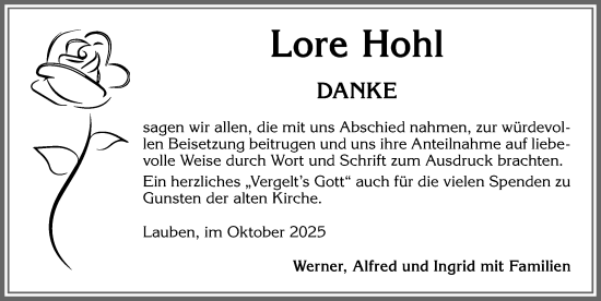 Traueranzeige von Lore Hohl von Allgäuer Zeitung,Kempten
