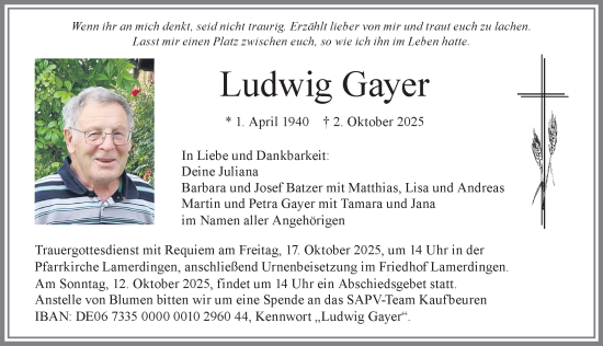 Traueranzeige von Ludwig Gayer von Allgäuer Zeitung, Kaufbeuren/Buchloe