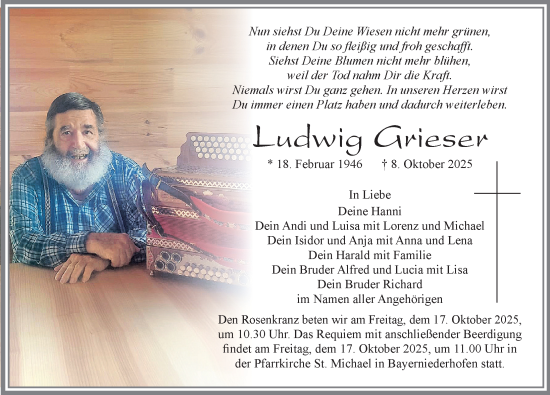 Traueranzeige von Ludwig Grieser von Allgäuer Zeitung, Füssen