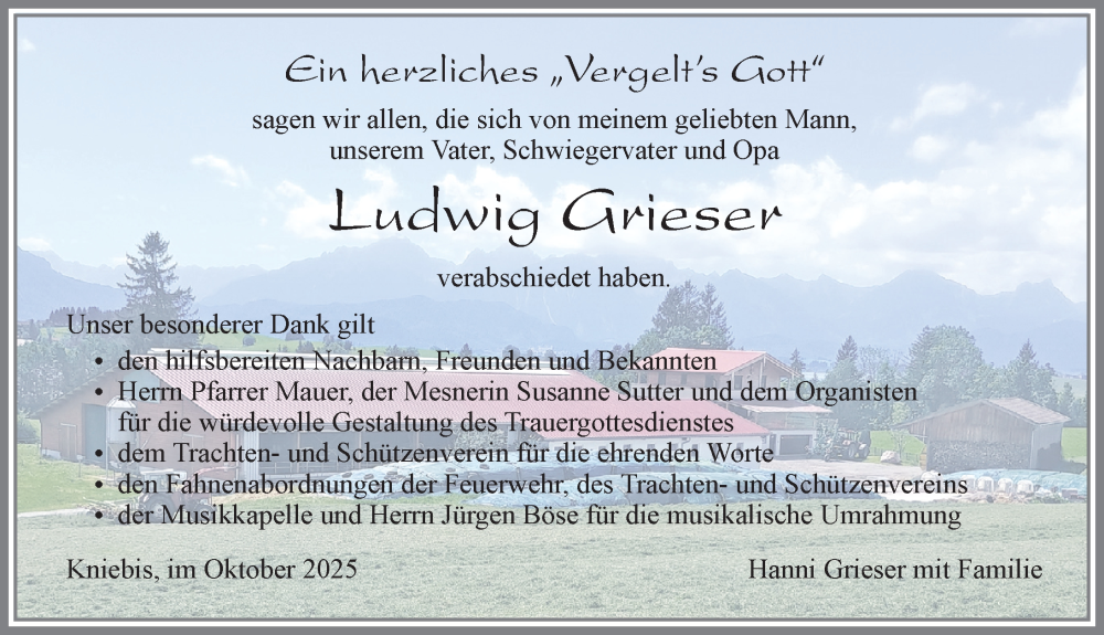  Traueranzeige für Ludwig Grieser vom 25.10.2025 aus Allgäuer Zeitung, Füssen