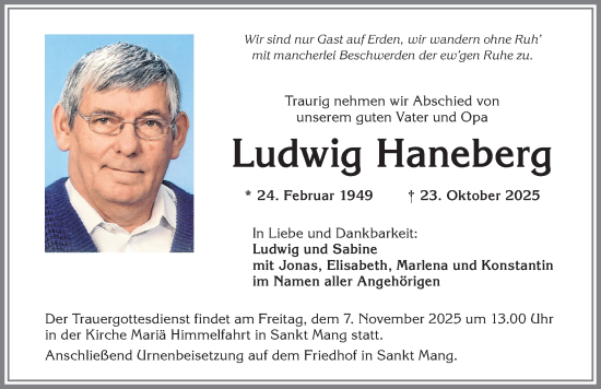 Traueranzeige von Ludwig Haneberg von Allgäuer Zeitung,Kempten