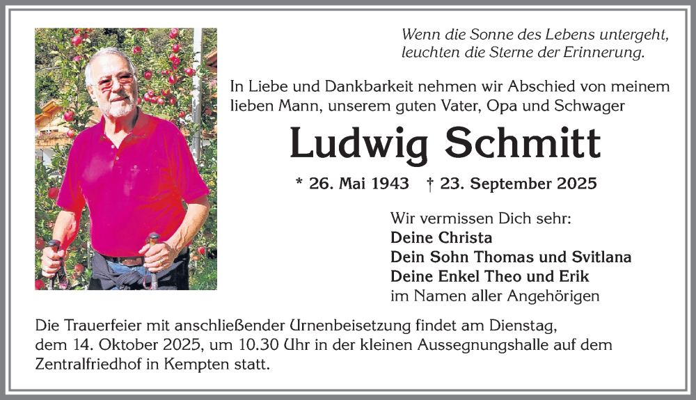  Traueranzeige für Ludwig Schmitt vom 11.10.2025 aus Allgäuer Zeitung,Kempten