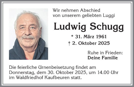 Traueranzeige von Ludwig Schugg von Allgäuer Zeitung, Kaufbeuren/Buchloe
