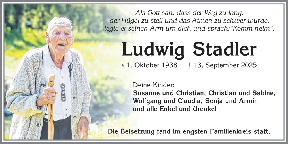  Traueranzeige für Ludwig Stadler vom 11.10.2025 aus Allgäuer Zeitung, Marktoberdorf