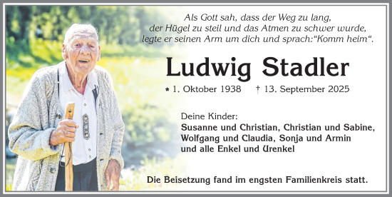 Traueranzeige von Ludwig Stadler von Allgäuer Zeitung, Marktoberdorf