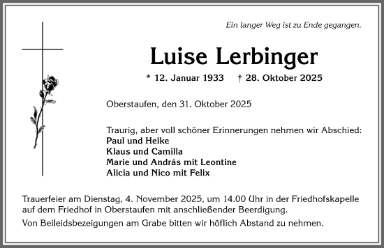 Traueranzeige von Luise Lerbinger von Allgäuer Anzeigeblatt