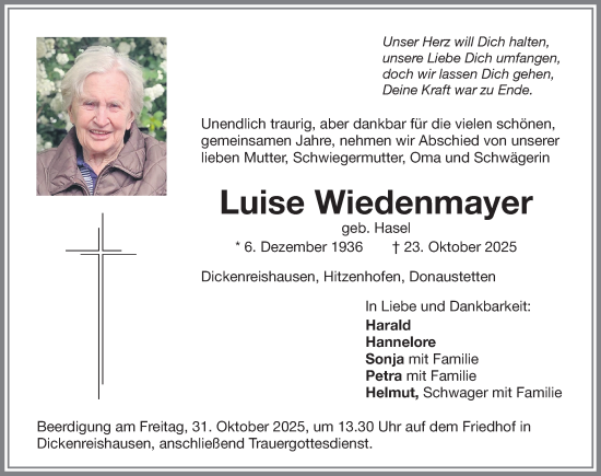 Traueranzeige von Luise Wiedenmayer von Memminger Zeitung
