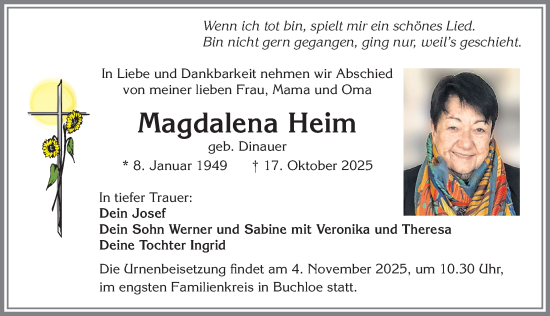 Traueranzeige von Magdalena Heim von Allgäuer Zeitung, Kaufbeuren/Buchloe