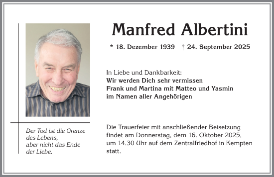 Traueranzeige von Manfred Albertini von Allgäuer Zeitung,Kempten