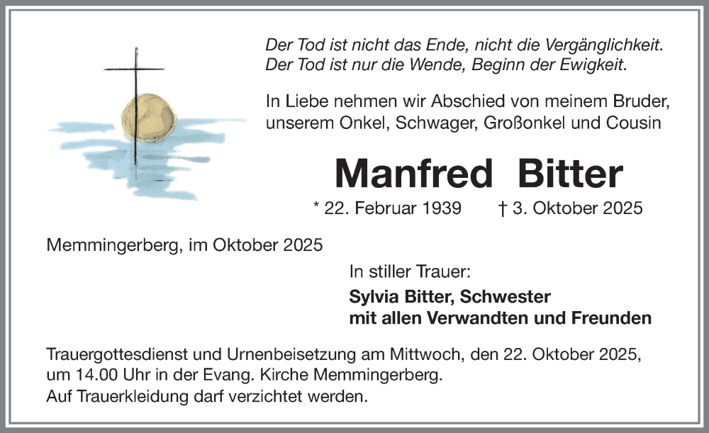  Traueranzeige für Manfred Bitter vom 17.10.2025 aus Memminger Zeitung