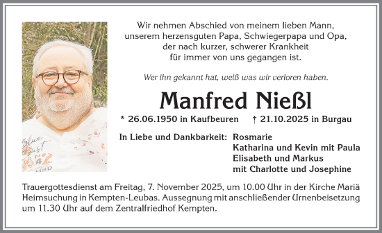 Traueranzeige von Manfred Nießl von Allgäuer Zeitung,Kempten