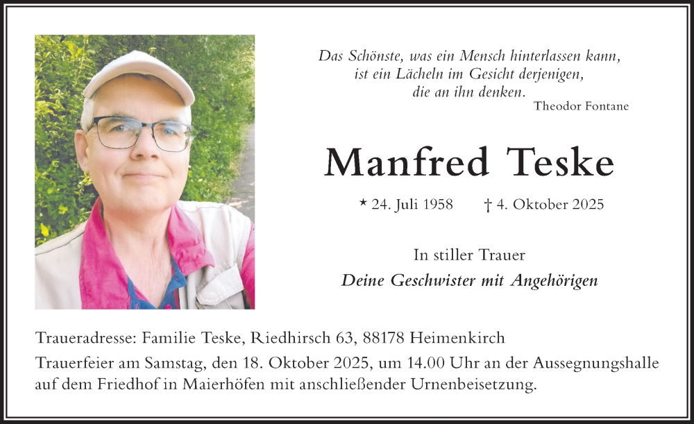  Traueranzeige für Manfred Teske vom 11.10.2025 aus Der Westallgäuer