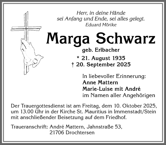 Traueranzeige von Marga Schwarz von Allgäuer Anzeigeblatt