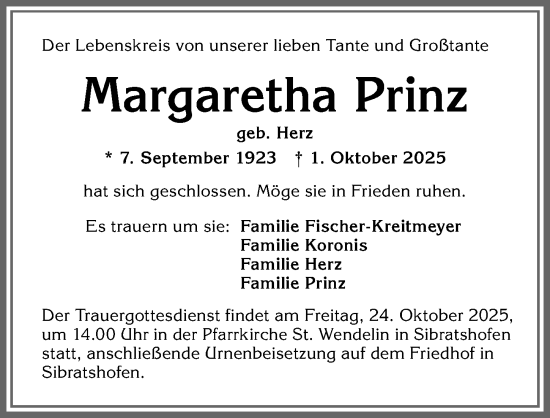 Traueranzeige von Margaretha Prinz von Allgäuer Zeitung,Kempten