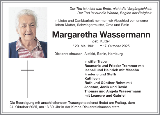 Traueranzeige von Margaretha Wassermann von Memminger Zeitung
