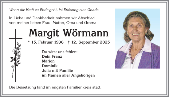 Traueranzeige von Margit Wörmann von Allgäuer Zeitung,Kempten