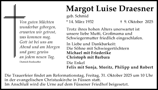 Traueranzeige von Margot Luise Draesner von Allgäuer Zeitung, Füssen
